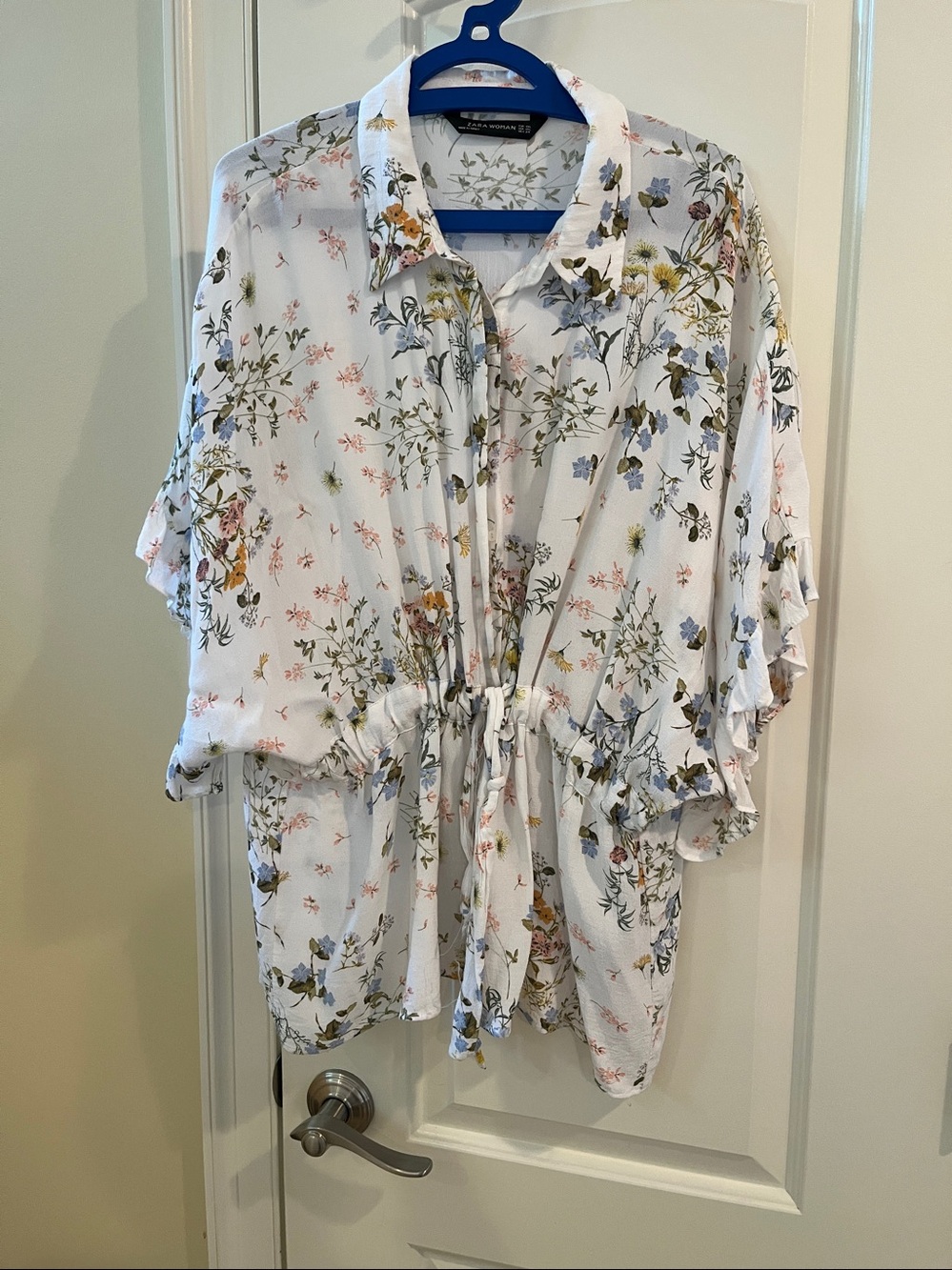 Zara Woman XL Floral Print Viscose Blouse Ruffled Sleeves Drawstring Waist